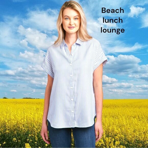 Beach lunch lounge spencer stripped blue and white button up top new - Picture 1 of 9